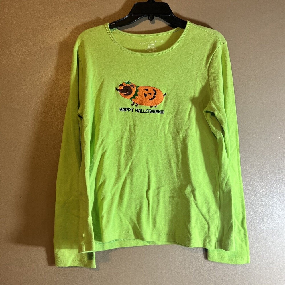 Mountain Lake Women’s Large Happy Halloweenie Long Sleeve Shirt Lime Green